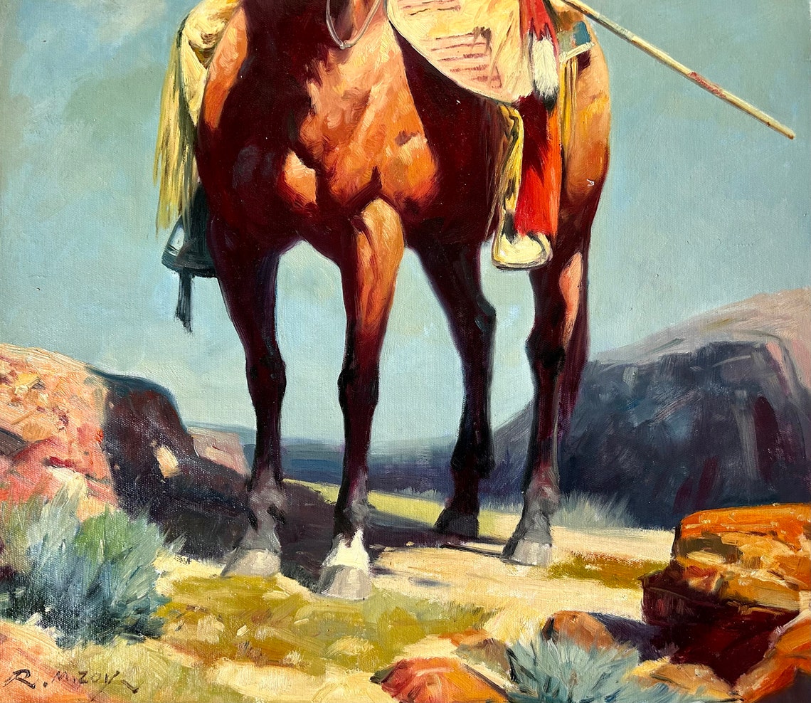 Native American Chief Horseback Desert Canyon Heritage Oil Art Print - Image 3