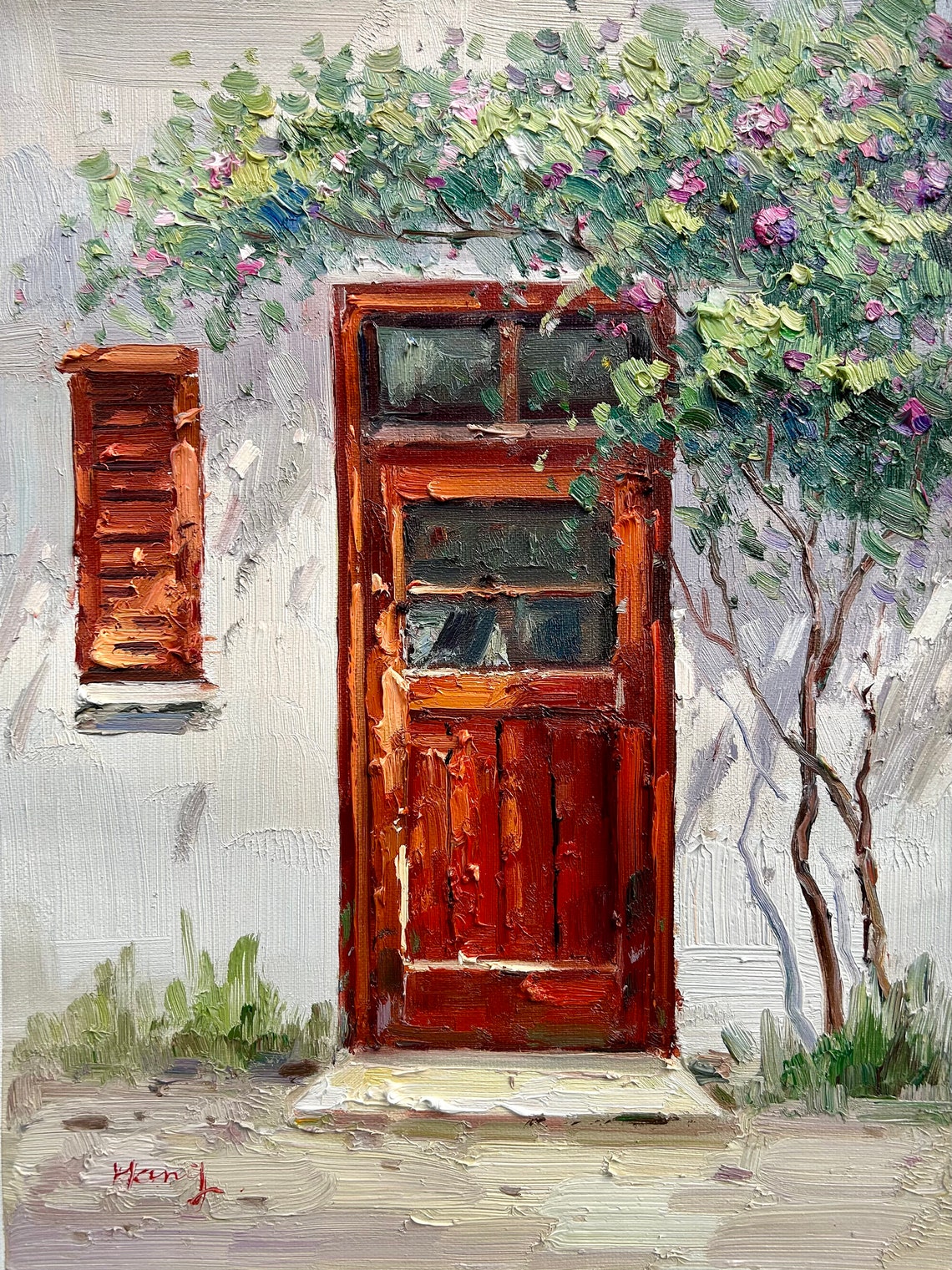 Rustic Red Wooden Door Flowering Tree Charming Cottage Art Print - Image 5
