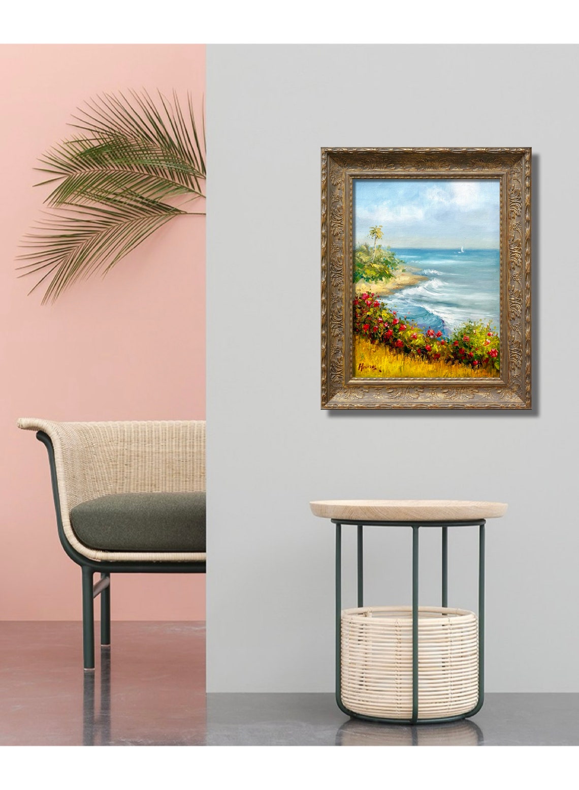 Tropical Coastline Red Flowers Sailboat Ocean View Oil Poster - Image 2
