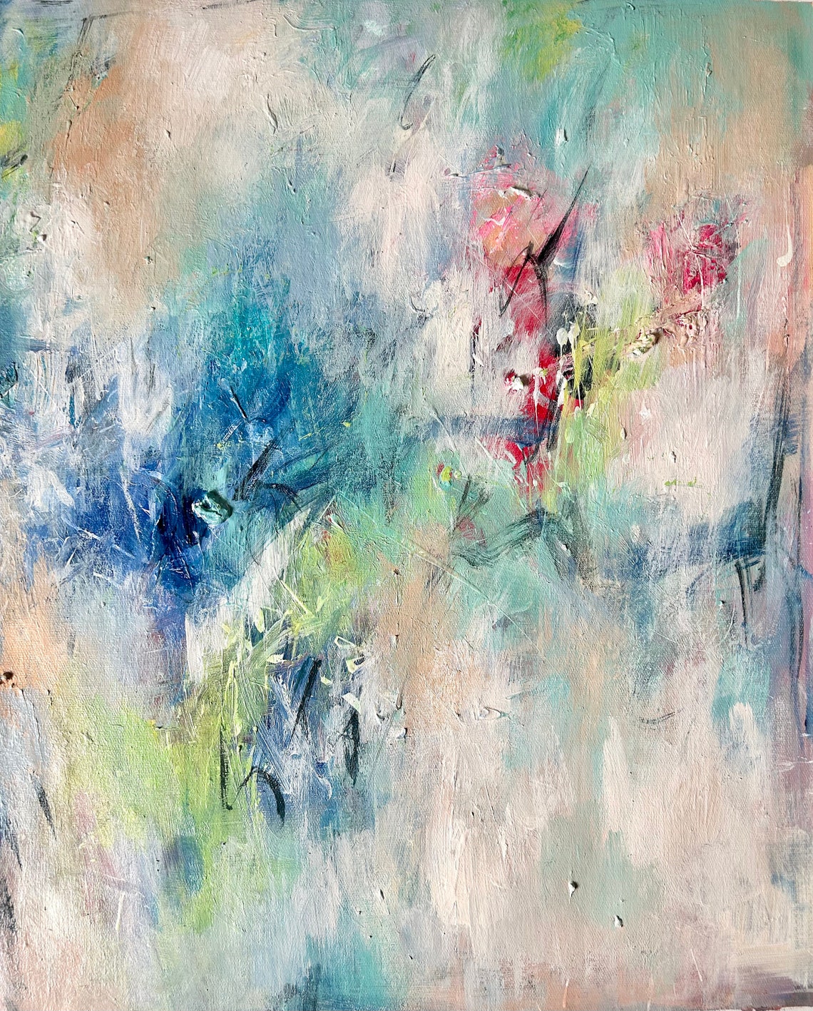 Ethereal White Teal Abstract Soft Red Accents Modern Art Print - Image 4