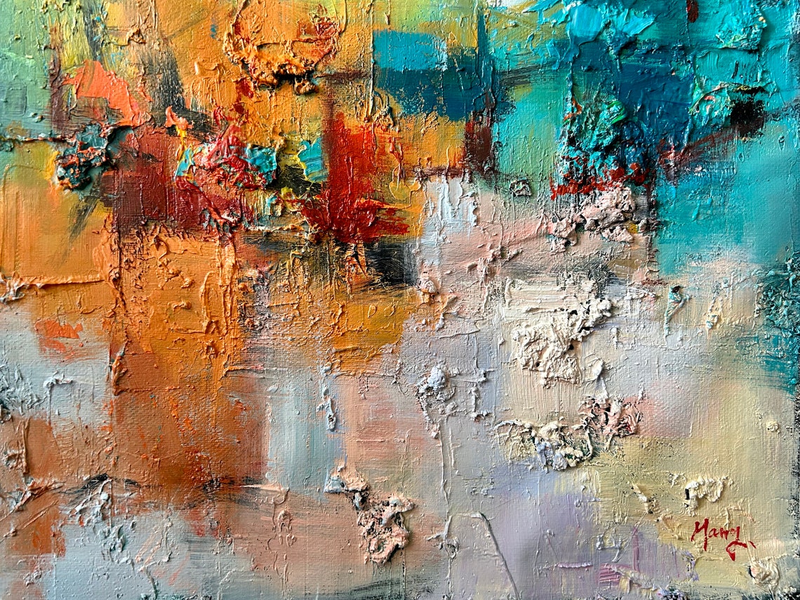 Bold Turquoise Orange Impasto Abstract Texture Modern Art Print - Image 4
