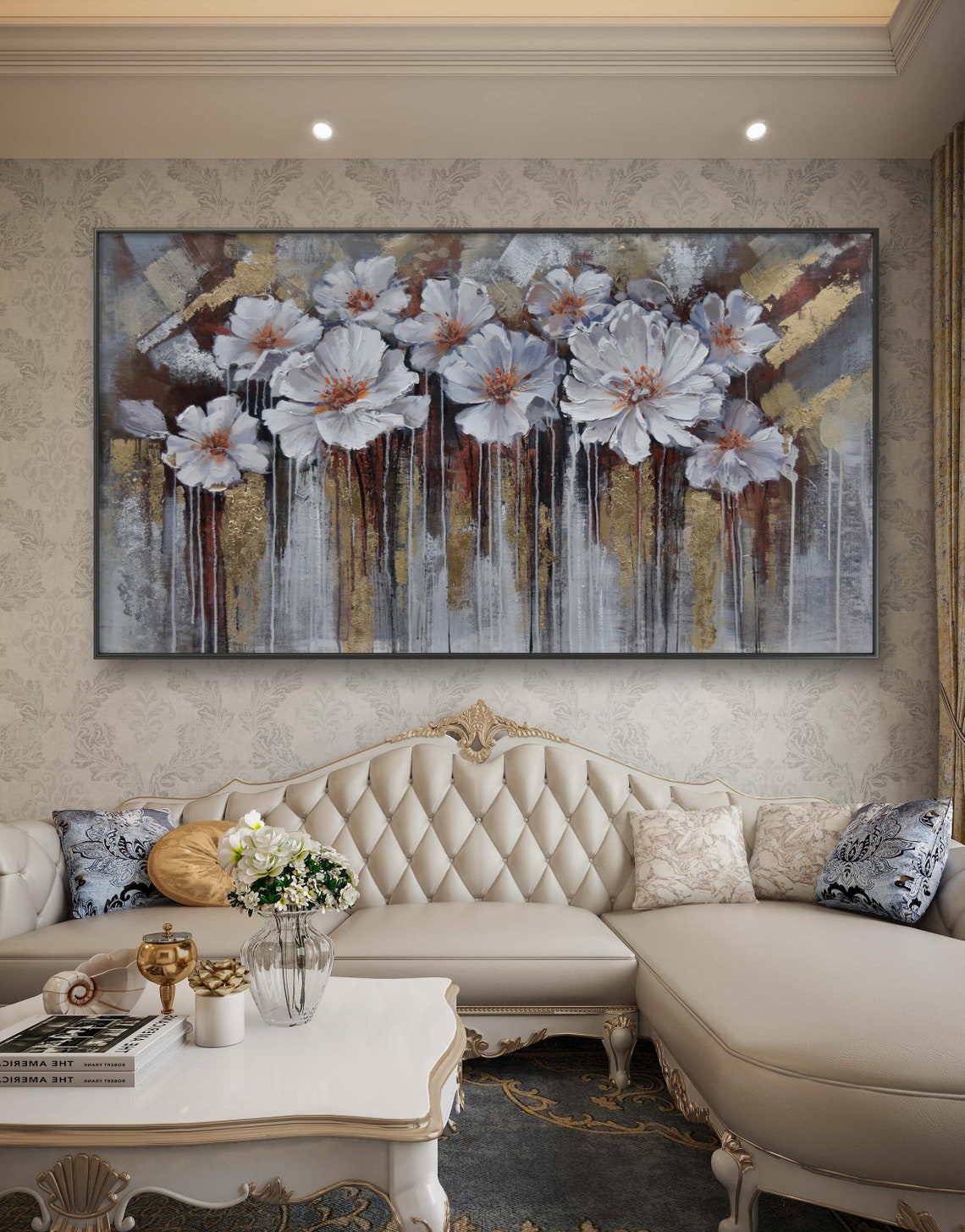 White Peony Blossoms With Dripping Gold Abstract Floral Wall Art - Image 4