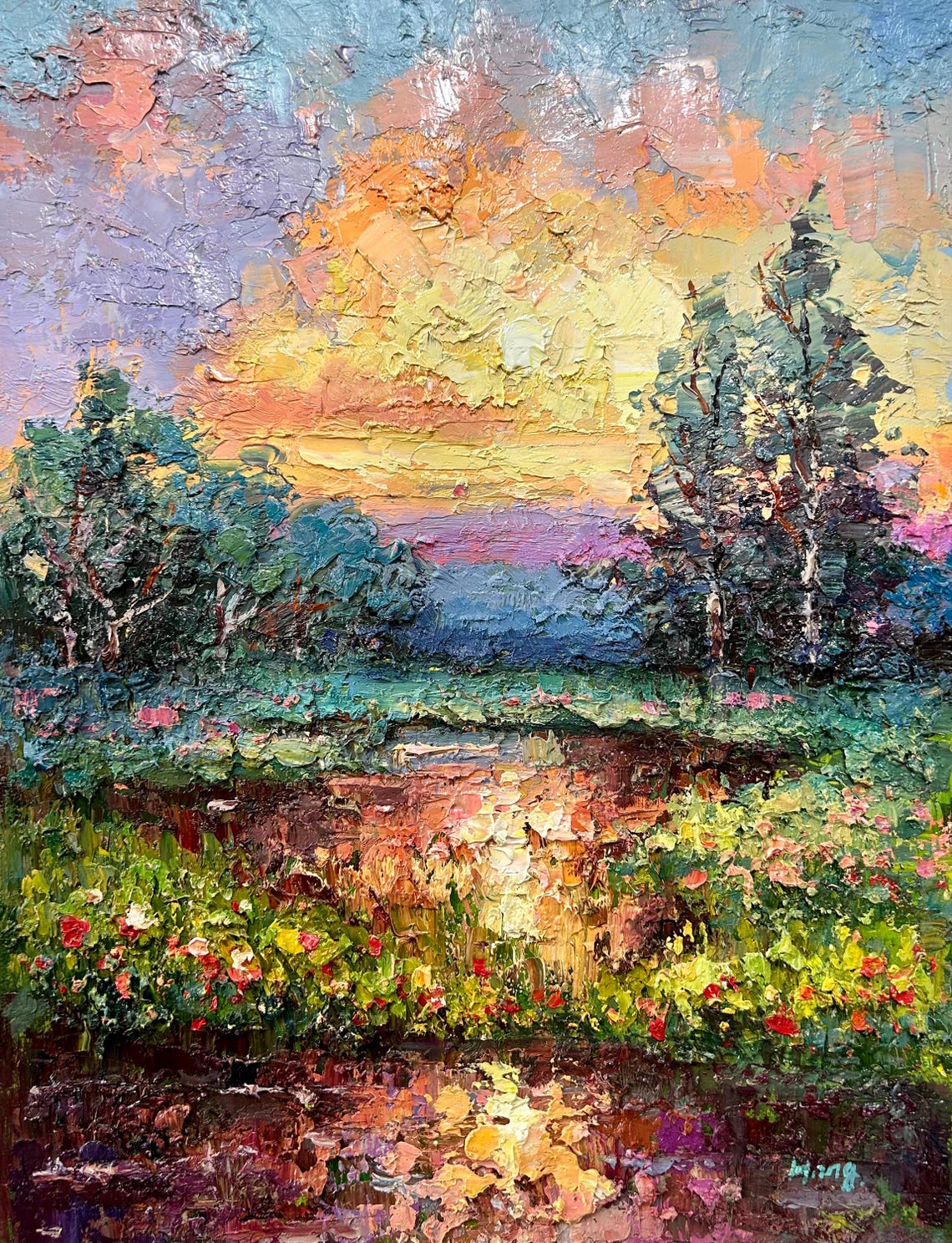 Golden Sunset Over Flower Field And Trees Textured Oil Painting Poster - Image 5