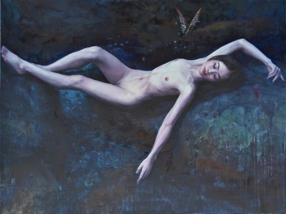 Original Human Body Oil Painting Body Art Nude Painting Art Female Nude In Blue Dream Oil Painting Wall Art Personalized Gift