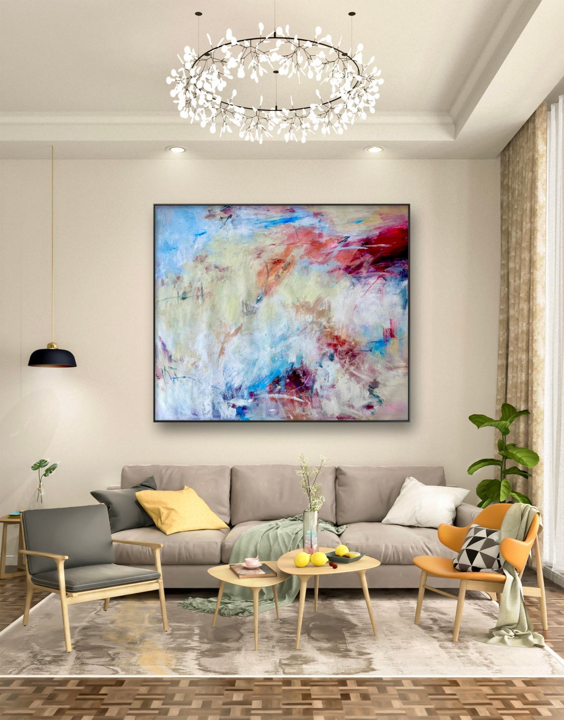 Neutral Abstract White Blue Crimson Soft Contemporary Art Print