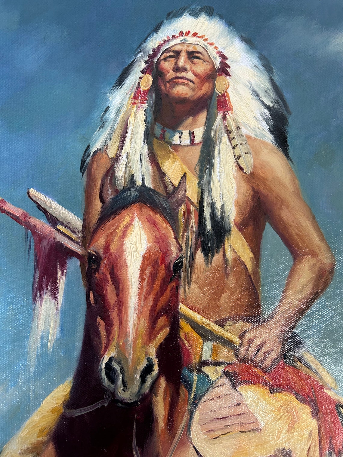 Native American Chief Horseback Desert Canyon Heritage Oil Art Print - Image 2