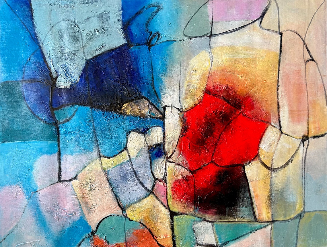 Abstract Blue Red Yellow Geometric Mosaic Oil Painting Print - Image 4