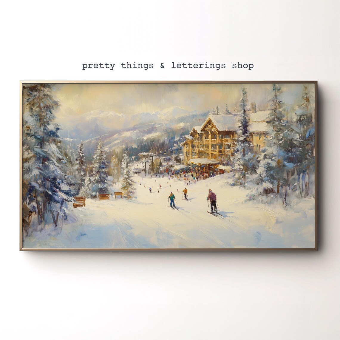 Winter Ski Resort Lodge Snowy Pines Skiers Mountain Village Poster