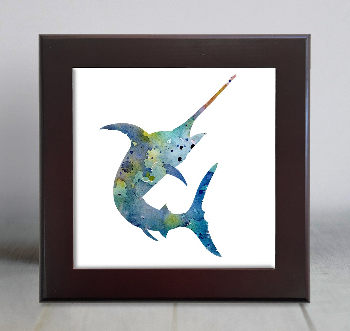 Blue Watercolor Leaping Swordfish Big Game Deep Sea Fishing Wall Art - Image 2