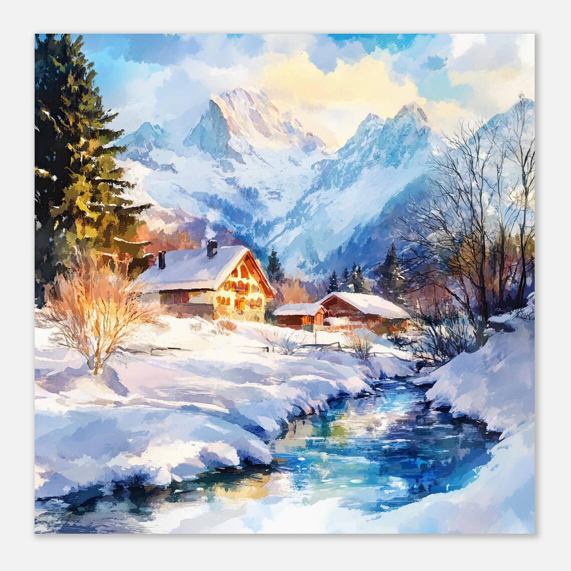Winter In The Alps Snowy Chalets By A Stream Watercolor Poster - Image 3