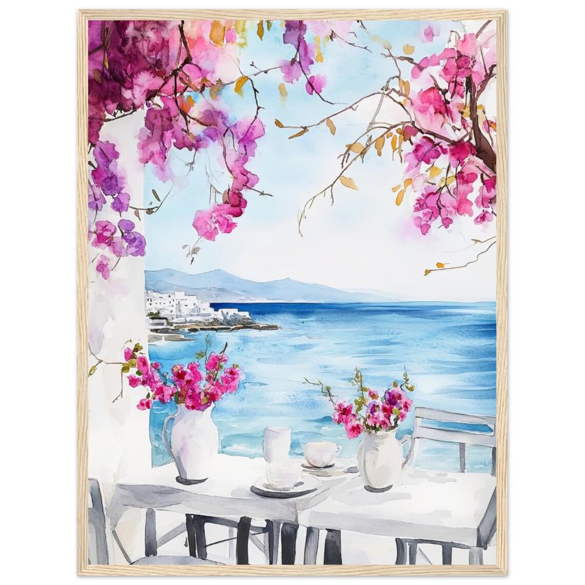 Greek Island Bougainvillea Watercolor Art Print, Mykonos