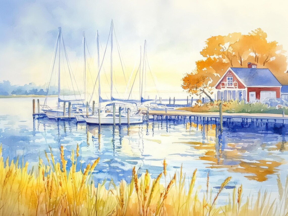 Chesapeake Bay Marina Watercolor Print, Maryland
