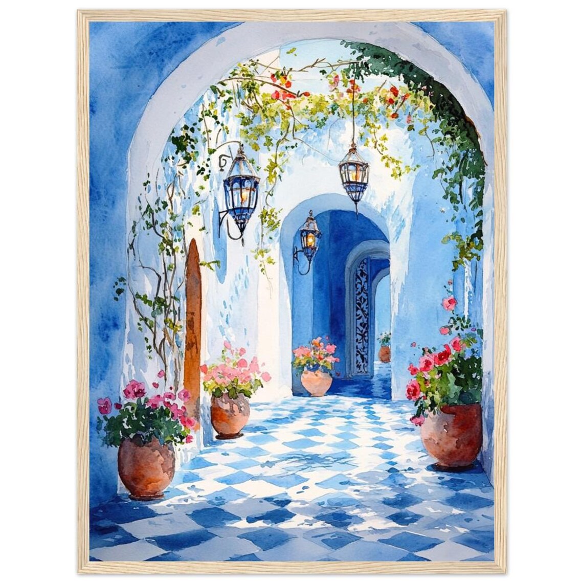 Morocco Watercolor Painting Print, Moroccan Courtyard