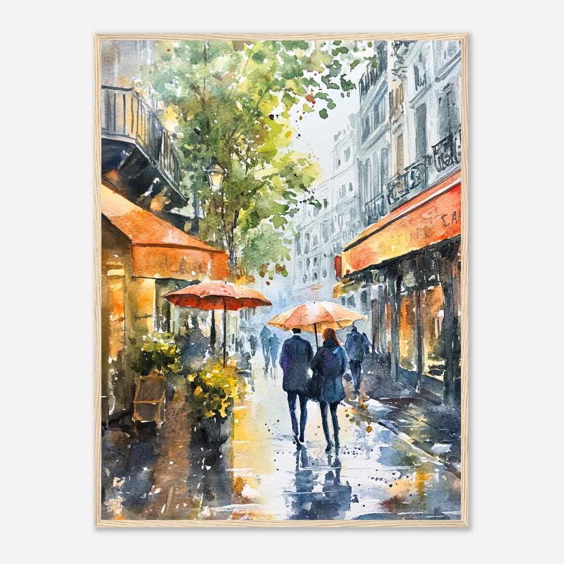 Rainy Paris Street Watercolor Art Print, Europe Travel