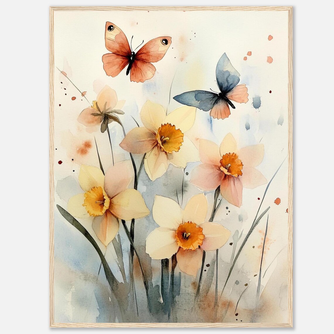 Daffodils With Butterflies Watercolor Soft Pastel Spring Floral Poster