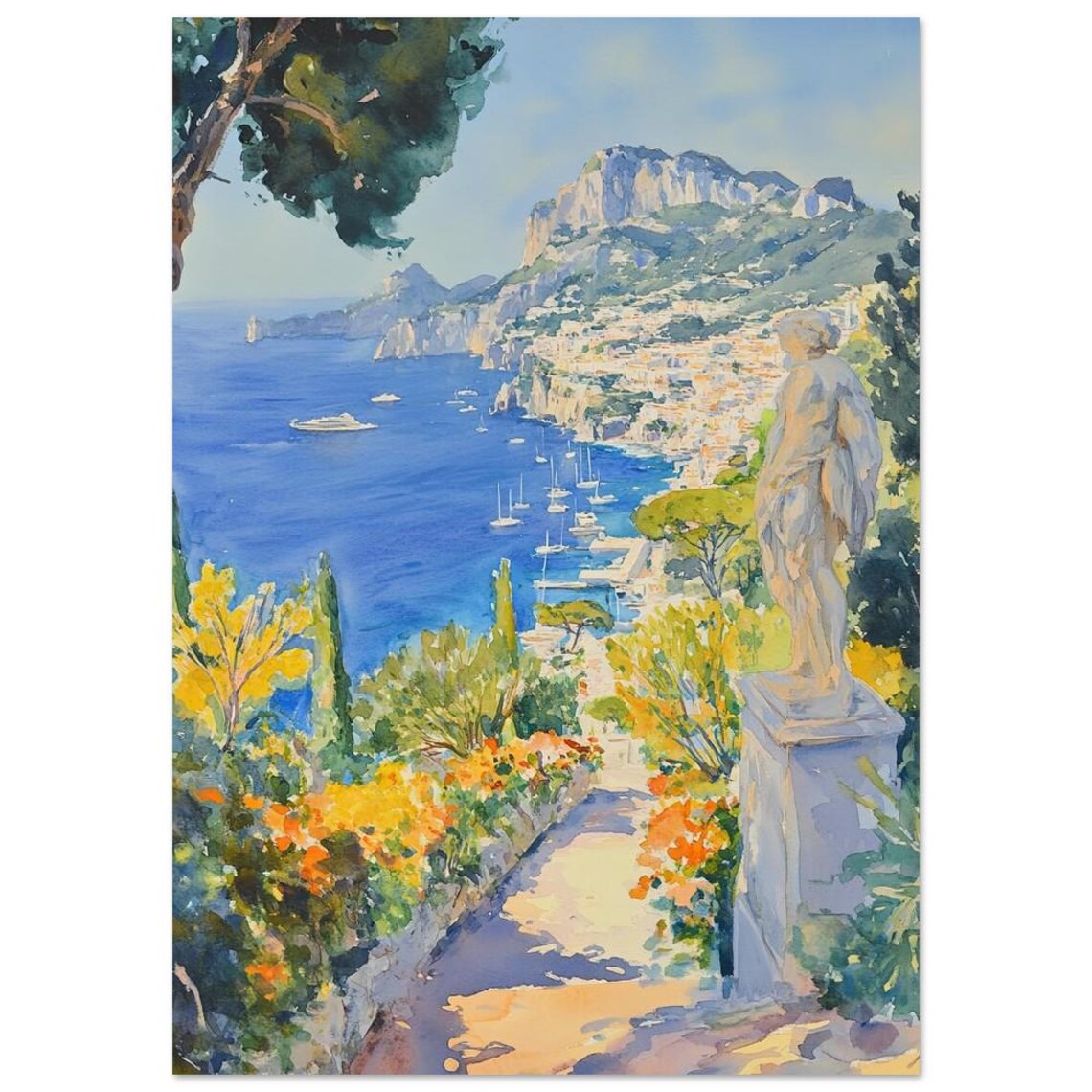 Capri Italy Coastline Statue Watercolor Bay Sailboats Poster - Image 3