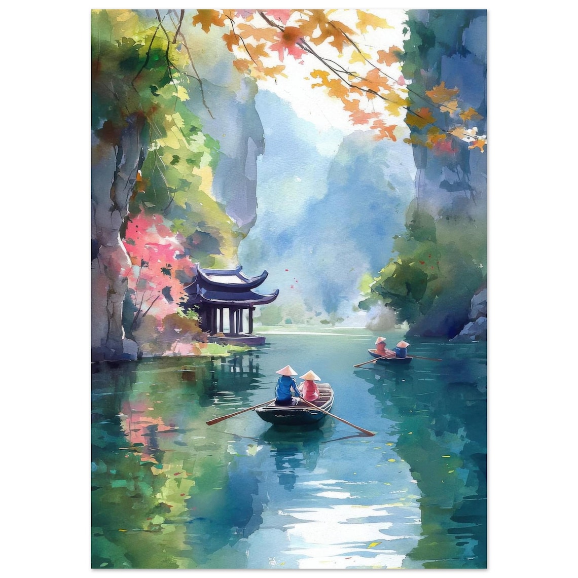 Vietnam River Boat Watercolor Travel Poster, Ninh Binh