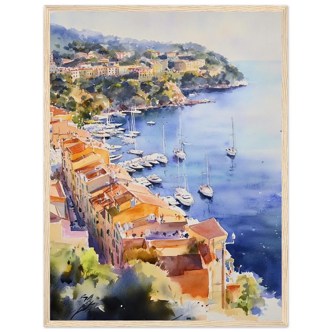 French Riviera Print Of Watercolor Painting Villefranchesurmer Wall Art Aerial View Marina Sailboats Artwork By Nataliaayuart