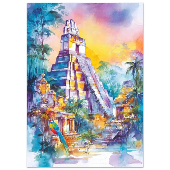 Tikal Guatemala Watercolor Art Print, Mayan Pyramid