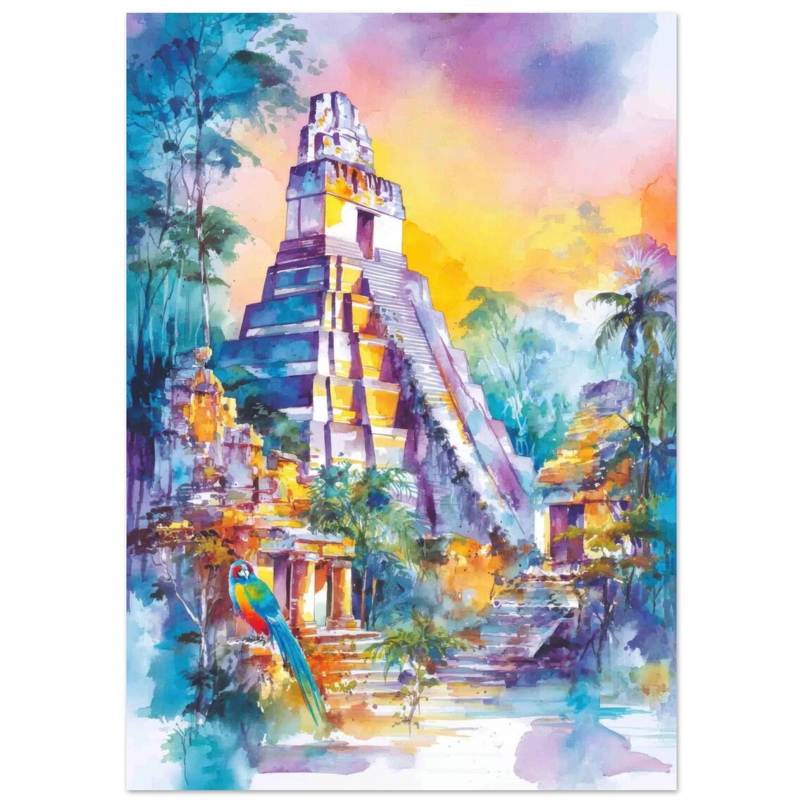 Tikal Guatemala Watercolor Art Print, Mayan Pyramid