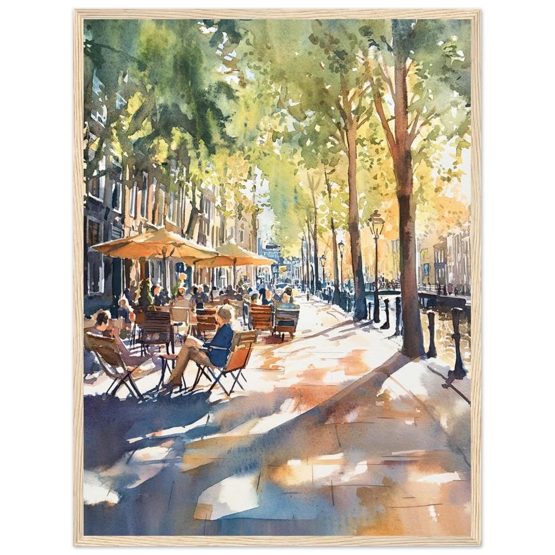 Dutch Canal Street Watercolor Art Print With Cafe Scene In Summer