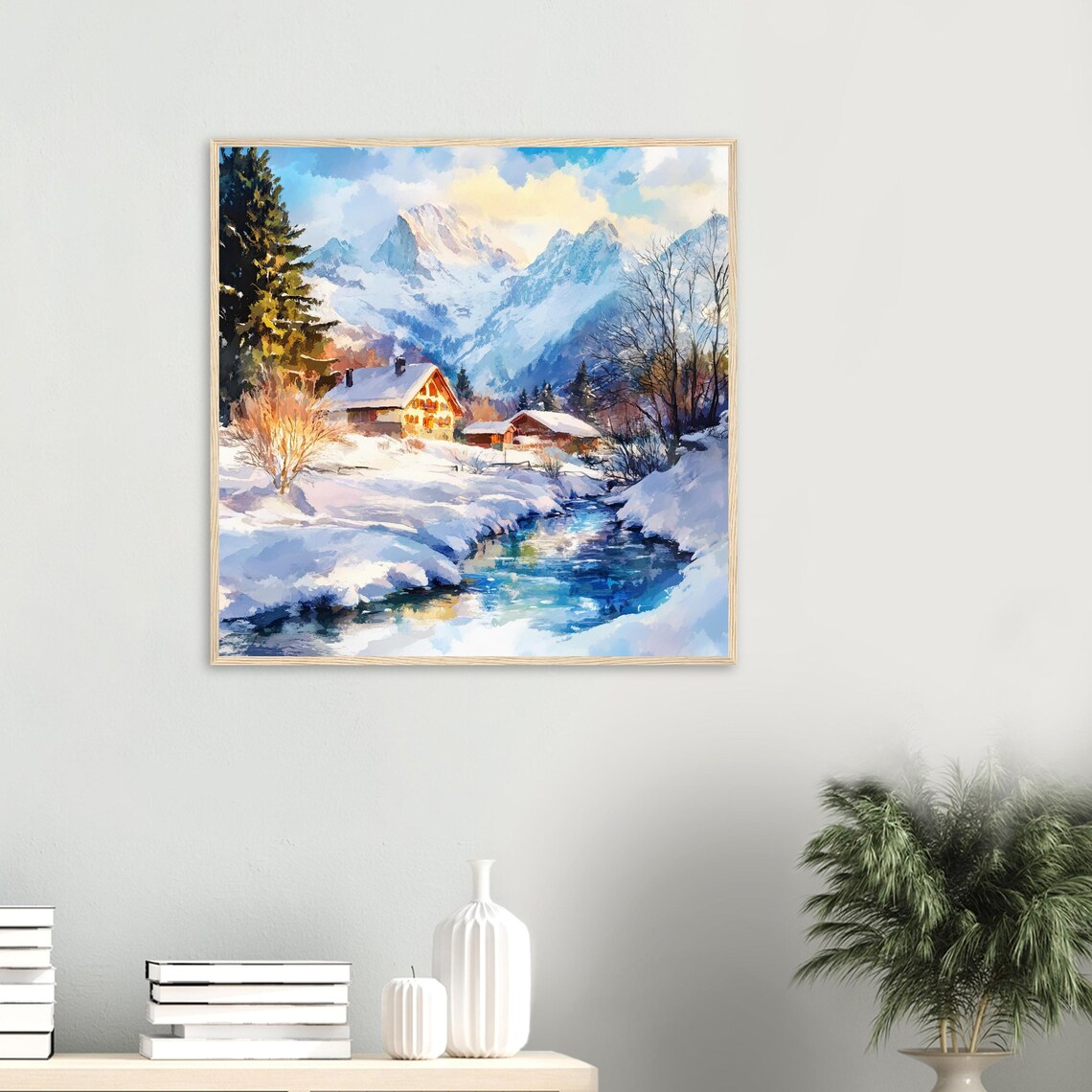 Winter In The Alps Snowy Chalets By A Stream Watercolor Poster - Image 2