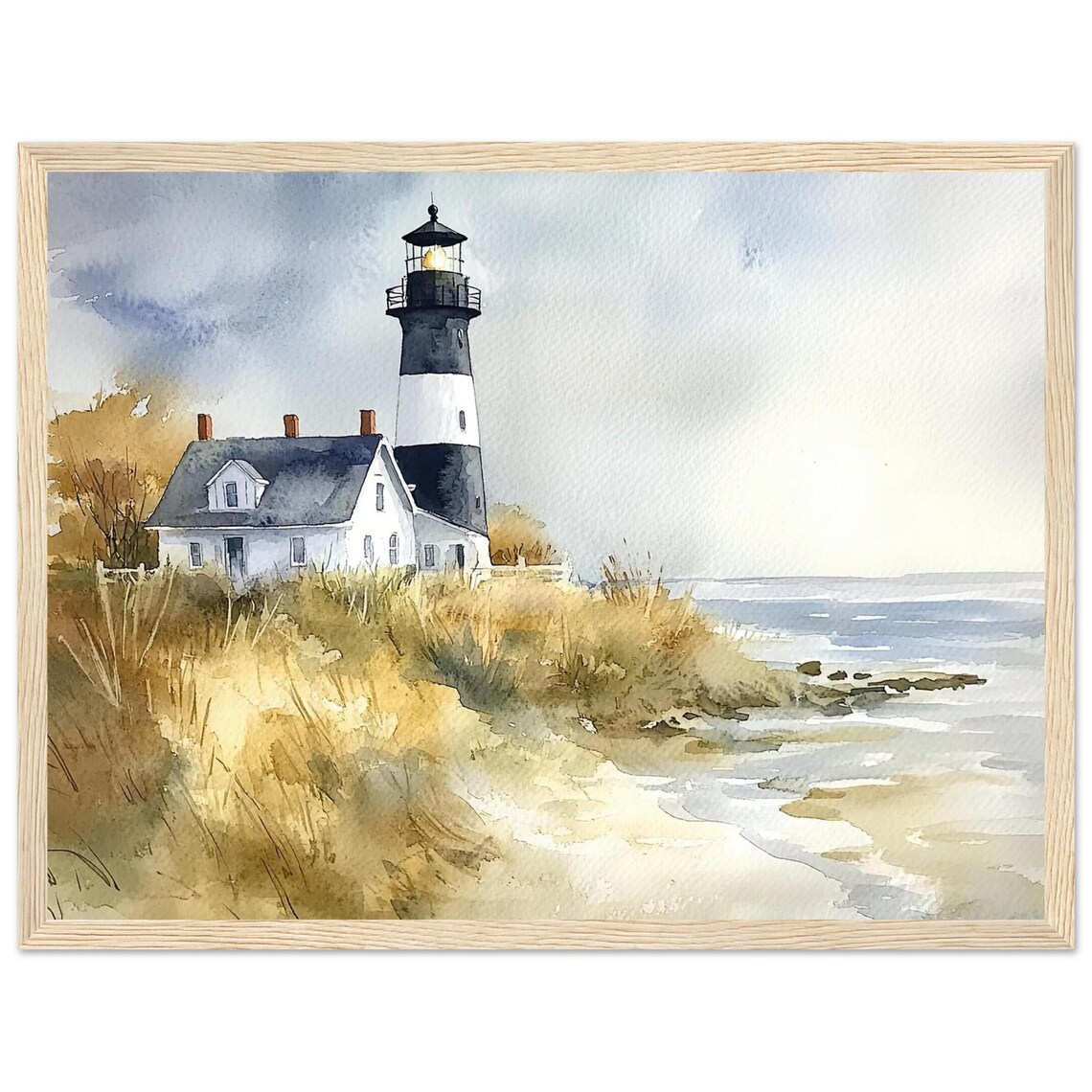Lighthouse On Lake Michigan Shores Watercolor Art Print