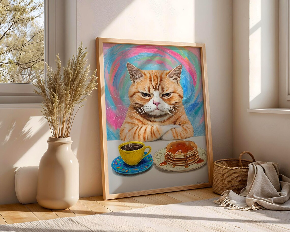 Cat Breakfast Poster Kitchen Wall Art Funny Animal Print Funky Gift For Lovers Coffee And Pancakes Decor