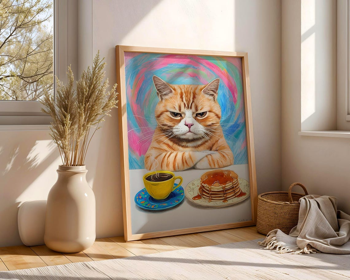 Grumpy Orange Cat With Coffee and Pancakes Funny Breakfast Poster