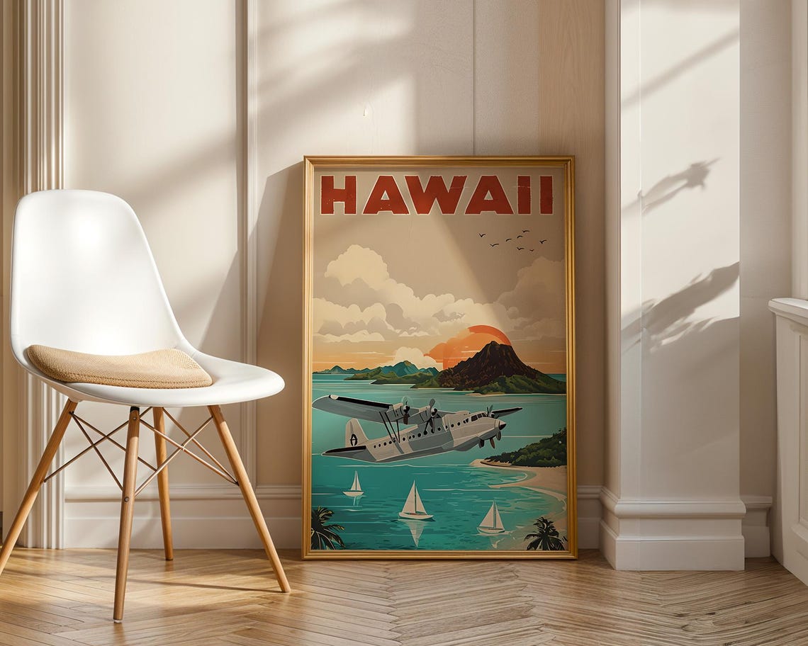 Hawaii Vintage Seaplane Tropical Lagoon Sunset Sailboat Travel Poster