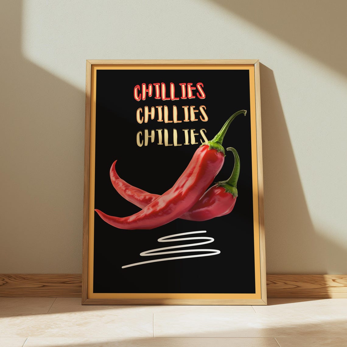 Chillies Retro Kitchen Black Background Chili Peppers Spice Wall Art
