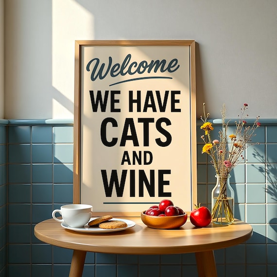 Welcome We Have Cats And Wine Bold Typography Kitchen Poster