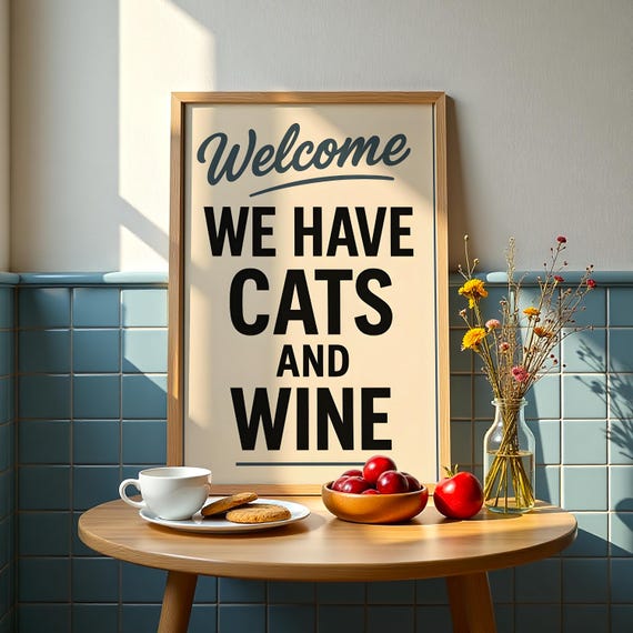 Welcome We Have Cats And Wine Print Entryway Wall Decor Bold Typography Cloakroom Art Kitchen Poster Cat Lover Home