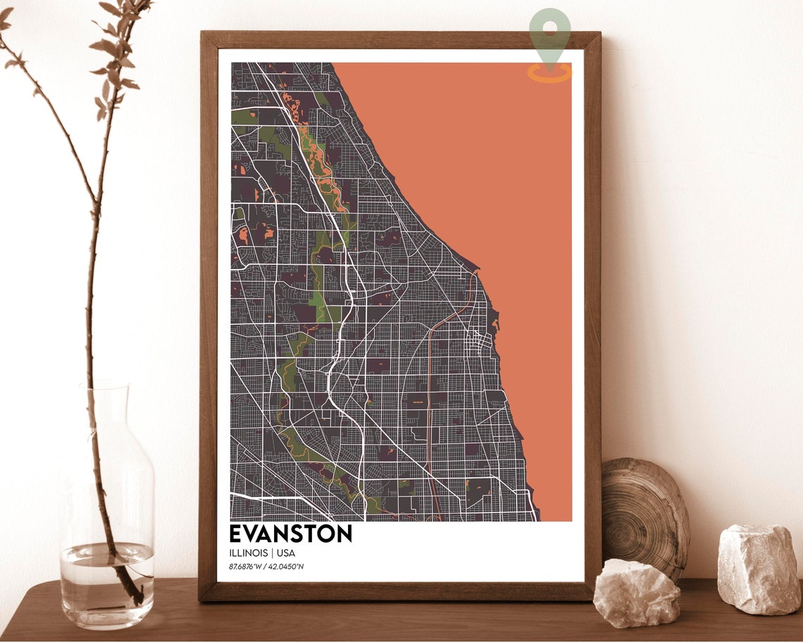 Evanston Illinois Purple Teal Street Map Lakefront Art Poster - Image 3