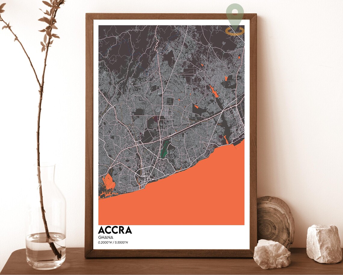 Accra Ghana Vibrant Dark City Map Bright Cyan Coast Art Poster - Image 6