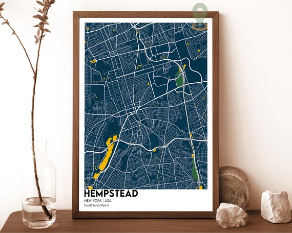 Hempstead New York Modern Street Map Navy Yellow Minimalist Poster