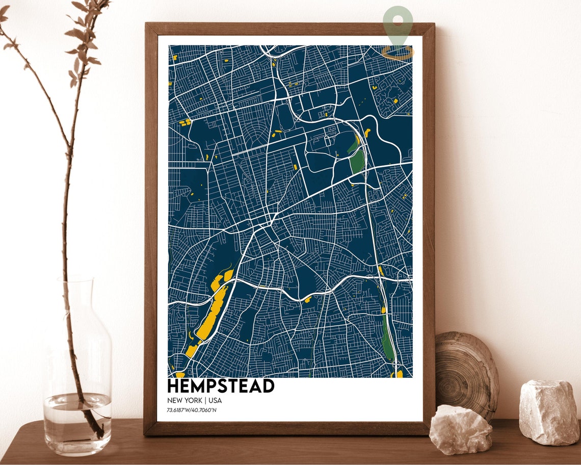 Hempstead New York Modern Street Map Navy Yellow Minimalist Poster