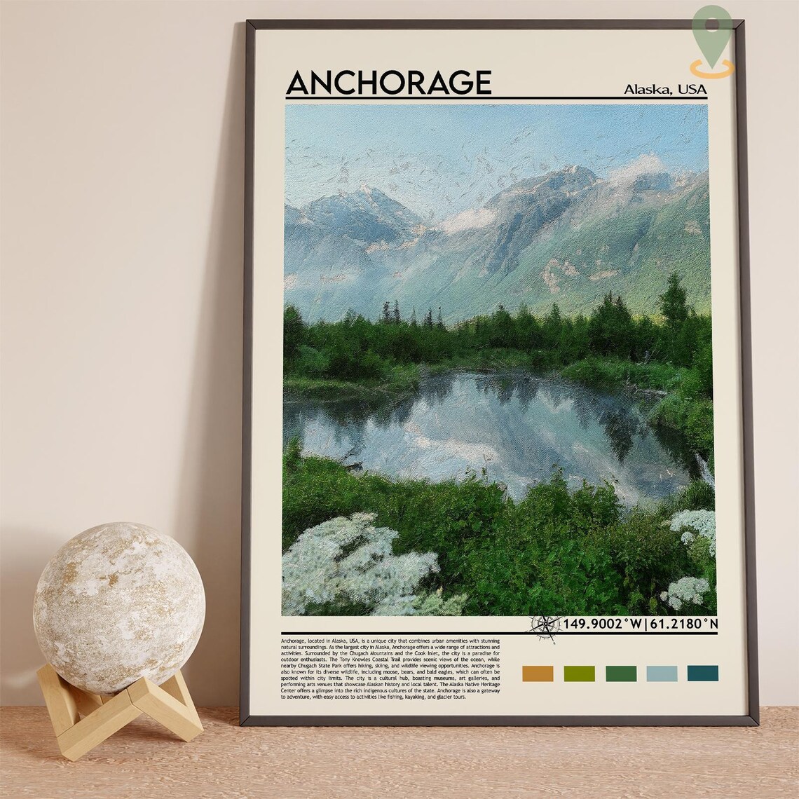 Anchorage Alaska Mountain Lake Reflection Painting Travel Poster - Image 3