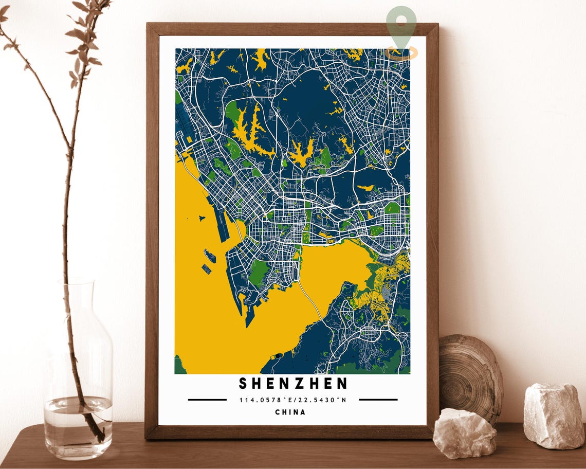 Shenzhen China City Map Art Poster Teal Orange Modern Wall Decor - Image 2