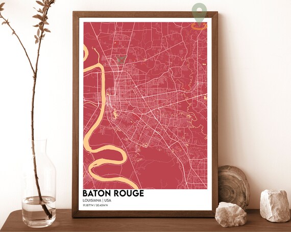 Baton Rouge Louisiana City Map Red Bold Mississippi River Map Poster