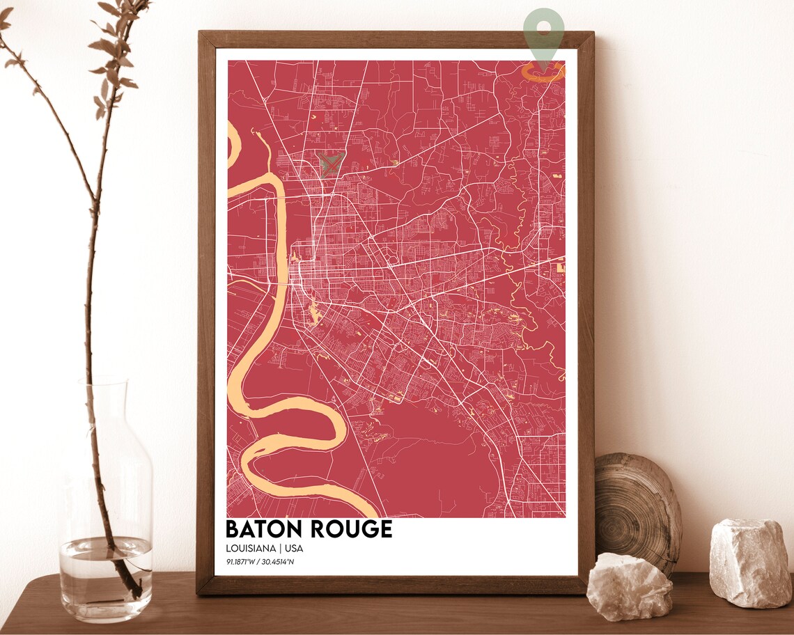 Baton Rouge Louisiana City Map Red Bold Mississippi River Map Poster