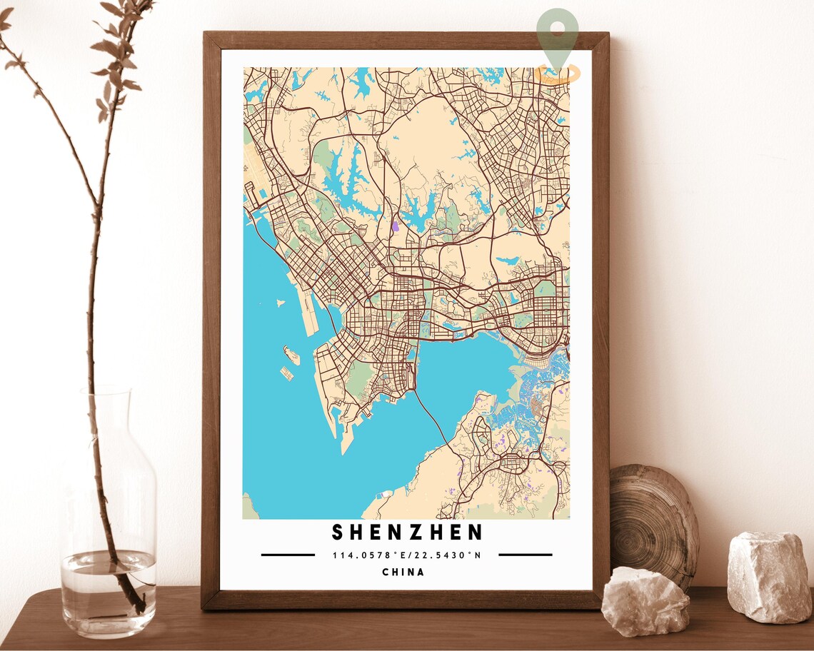 Shenzhen China City Map Art Poster Teal Orange Modern Wall Decor - Image 5