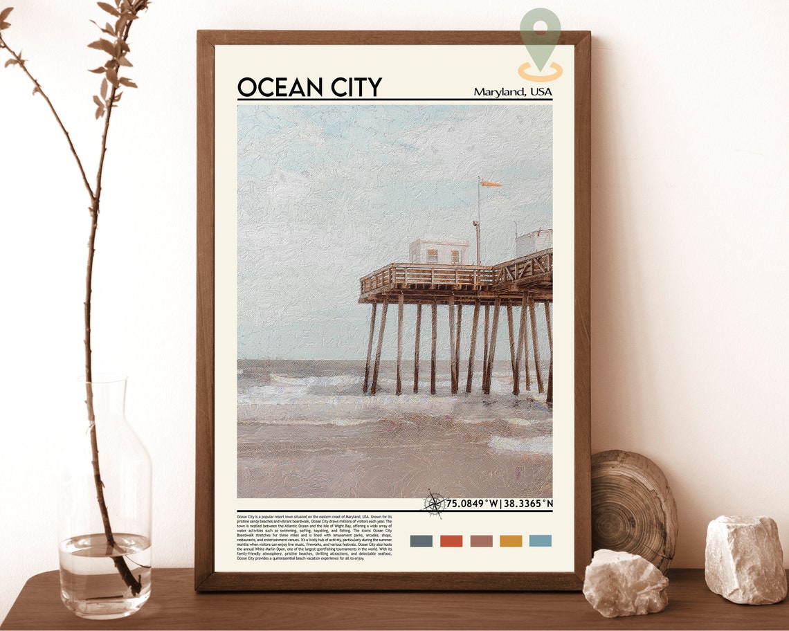 Ocean City Maryland Beach Pier Ocean Waves Summer Travel Poster