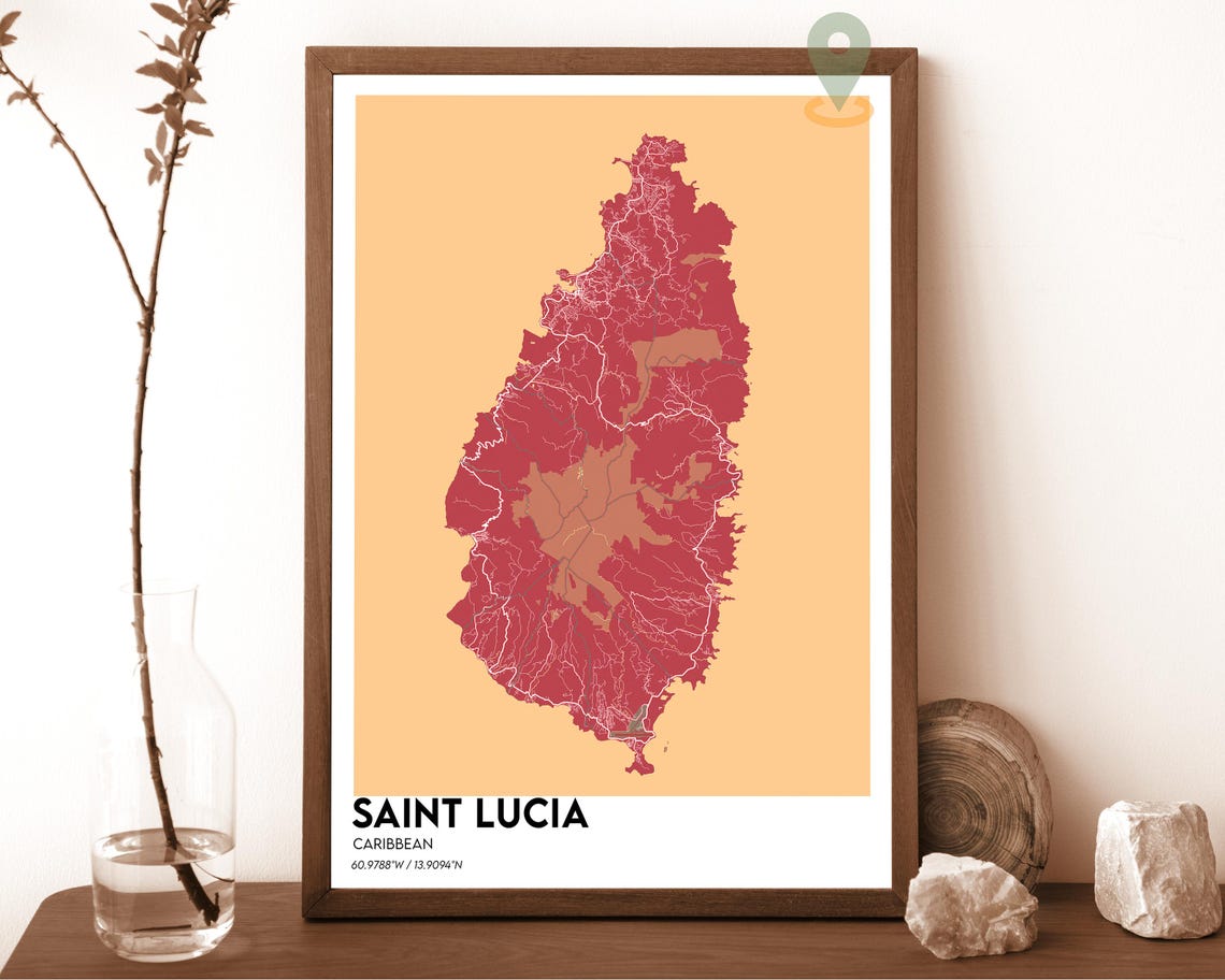 Saint Lucia Caribbean Navy Island Map Poster on Mustard Yellow - Image 5