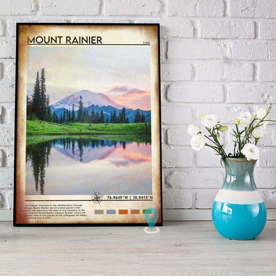 Mount Rainier USA Snow Peak Lake Reflection Wildflower Travel Poster - Image 5