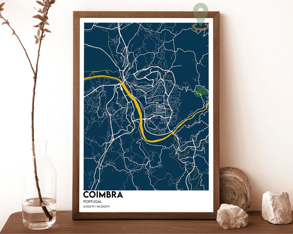 Coimbra Portugal Historic Dark Cyan River City Map Art Poster - Image 2