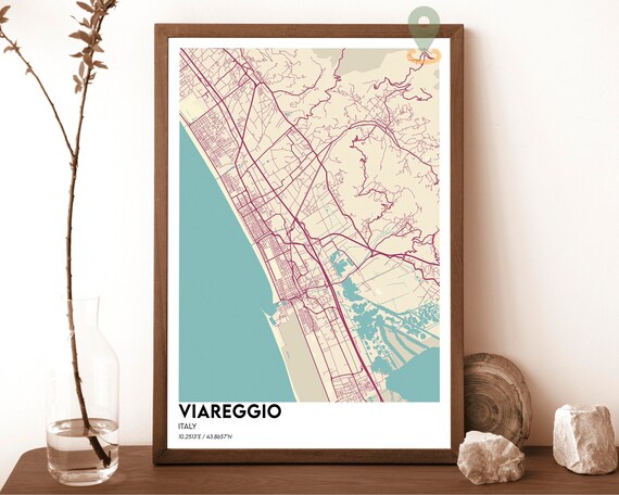 Viareggio Italy Coastal City Map Poster Cream Burgundy Art Style