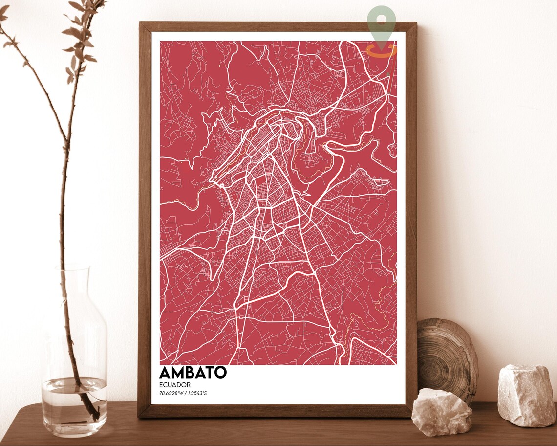 Ambato Ecuador charcoal black with white streets Street Map Coordinates Poster - Image 4