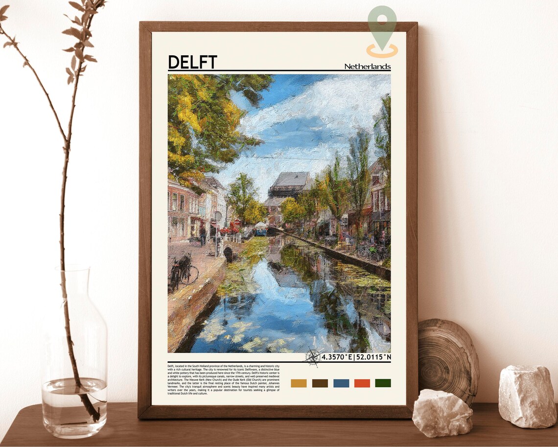 Delft Netherlands Charming Canal Street Bicycle Travel Poster