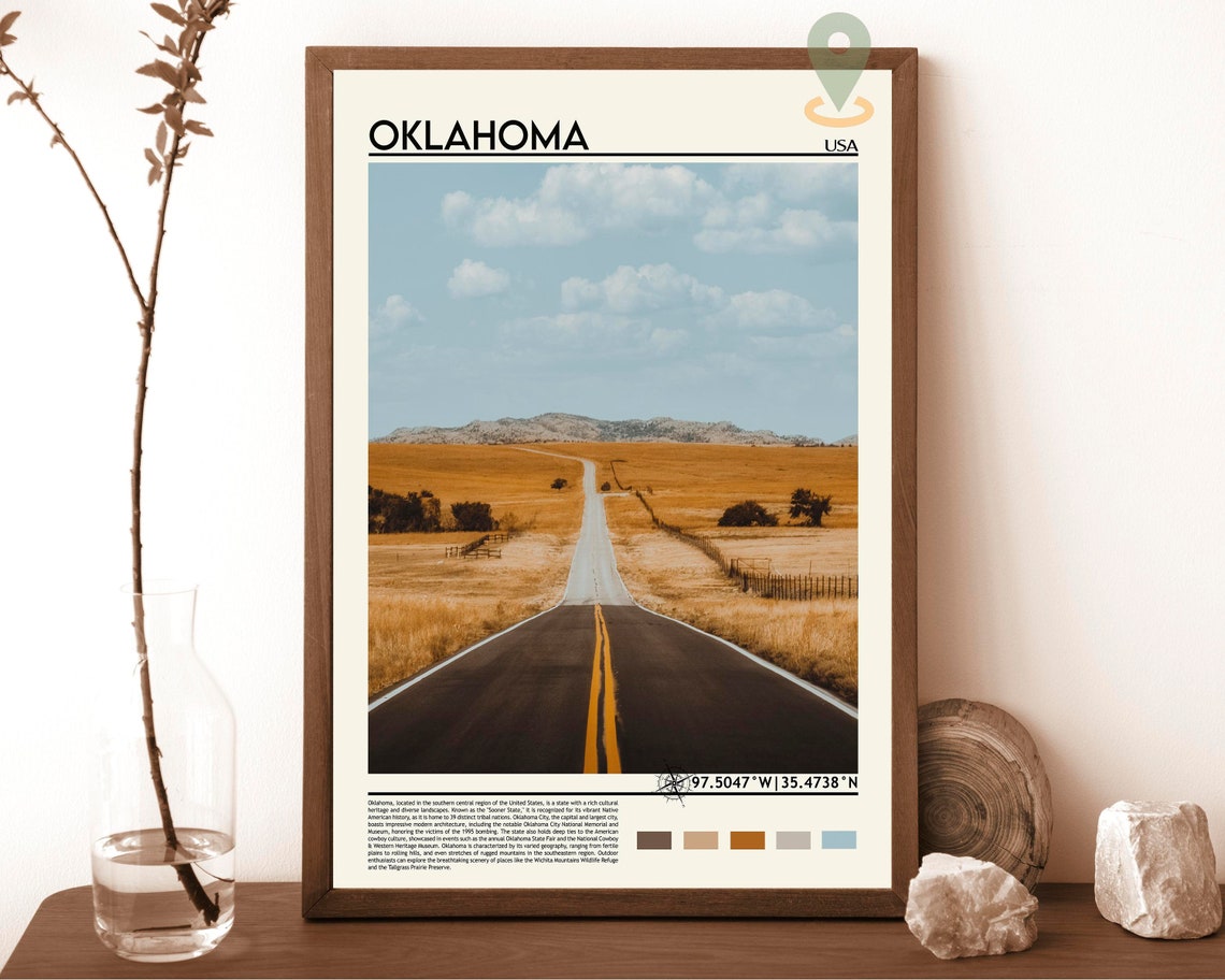 Oklahoma USA Open Highway Golden Prairie Road Trip Travel Poster